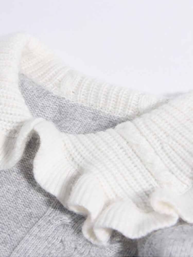 Girls Light Gray Cable Knit Cashmere Sweater with Ruffled Collar